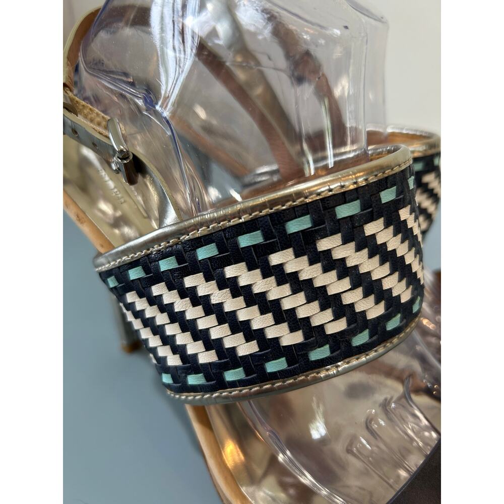 Coach Steffi stilettos size 9.5 navy white woven leather strappy high sandal - Picture 5 of 12